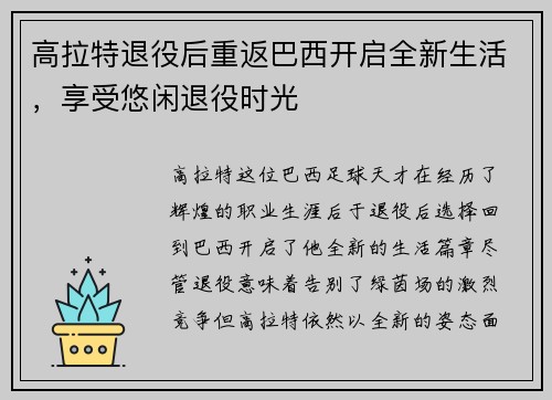 高拉特退役后重返巴西开启全新生活，享受悠闲退役时光